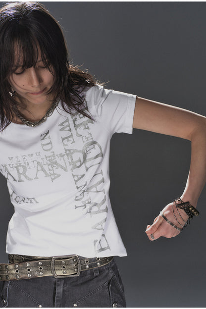 Silver Glitter Letter Print Short-Sleeve T-Shirt