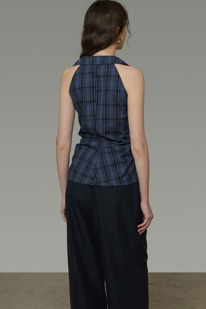 Navy Plaid Pleated Top