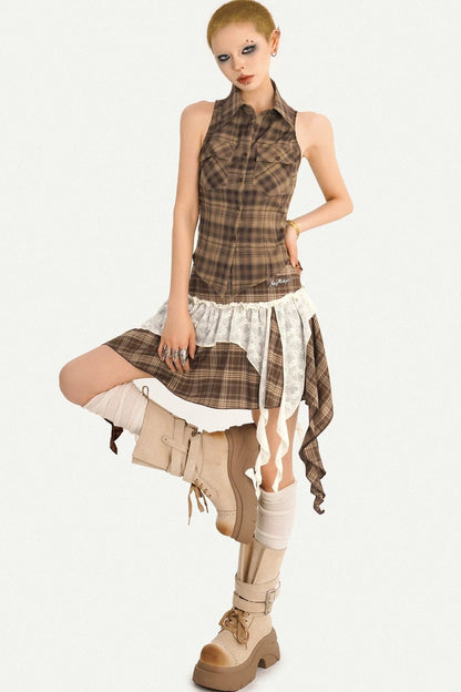 Retro Plaid Asymmetrical Short Skirt