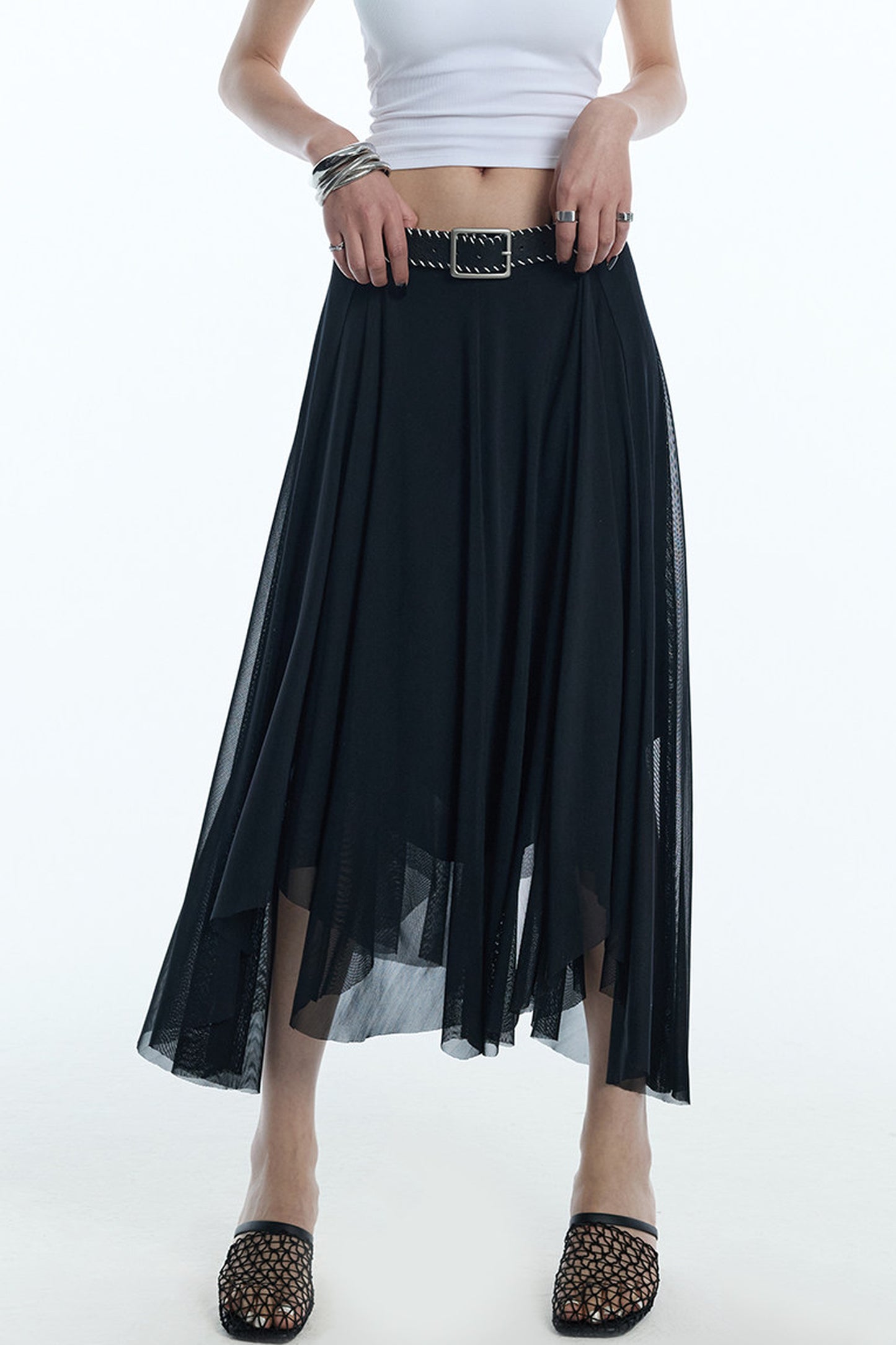 Asymmetrical Hem Mesh Skirt