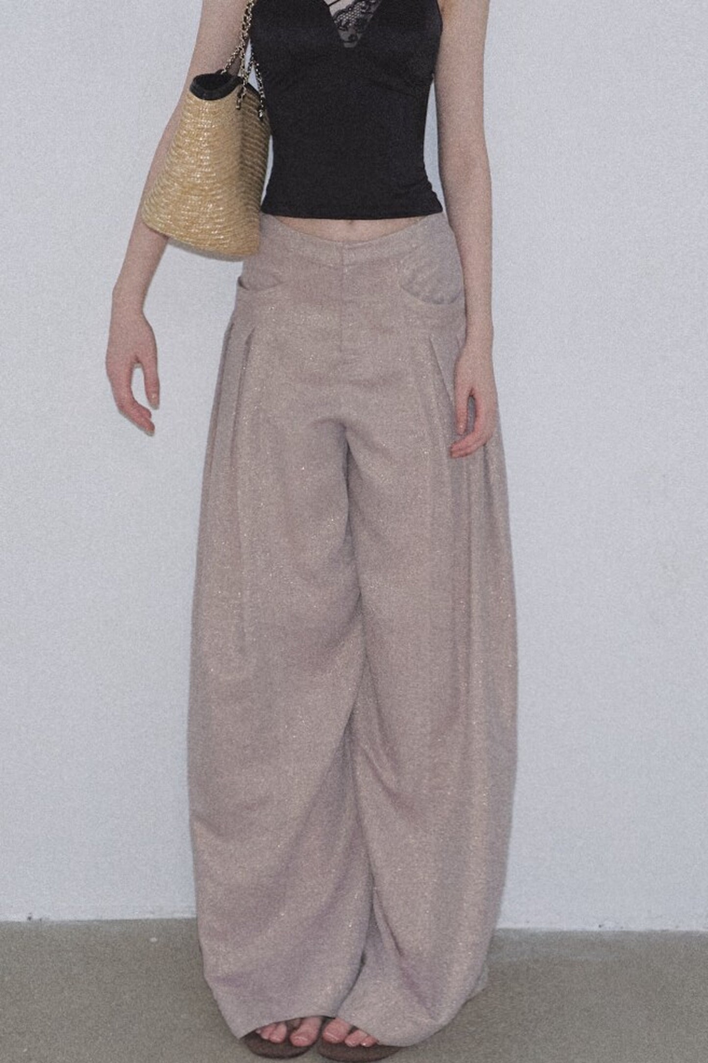Goldene weite Seiden-Leinen-Hose