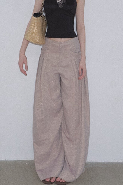 Goldene weite Seiden-Leinen-Hose
