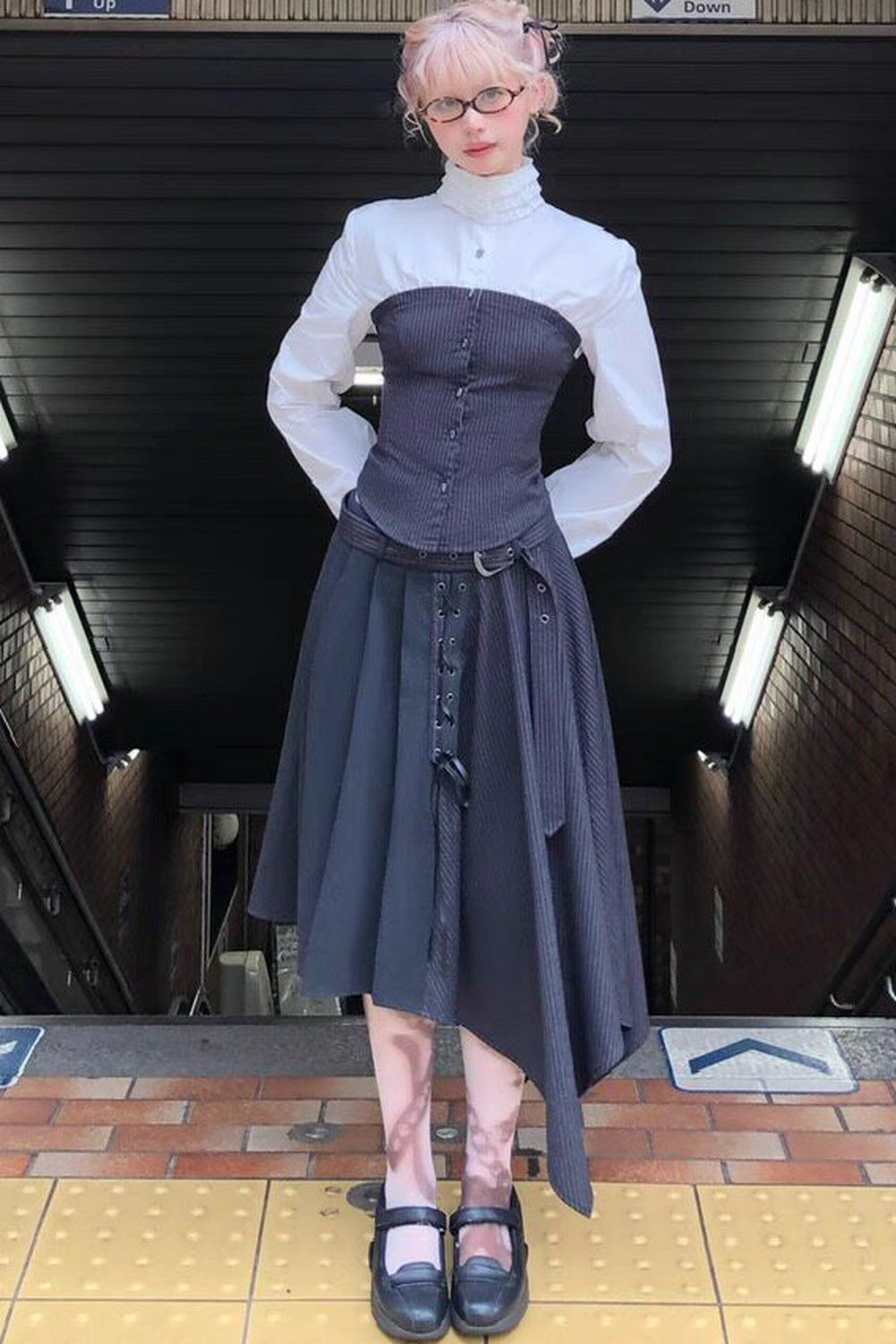 Ruffle Collar Shirt and Irregular Patchwork Skirt Set