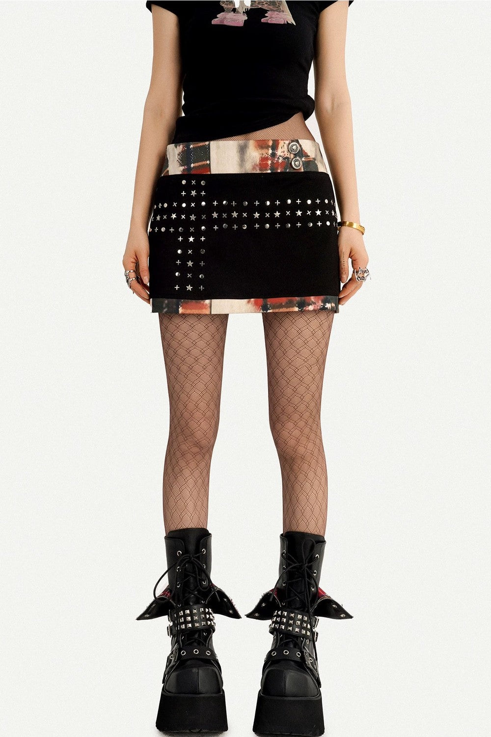 Black Patchwork Studded Bodycon Skirt