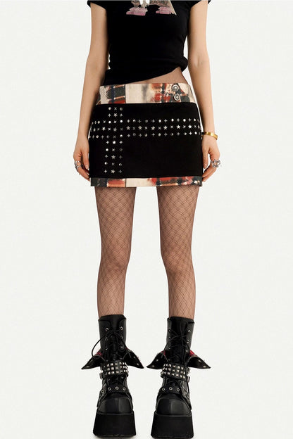 Black Patchwork Studded Bodycon Skirt