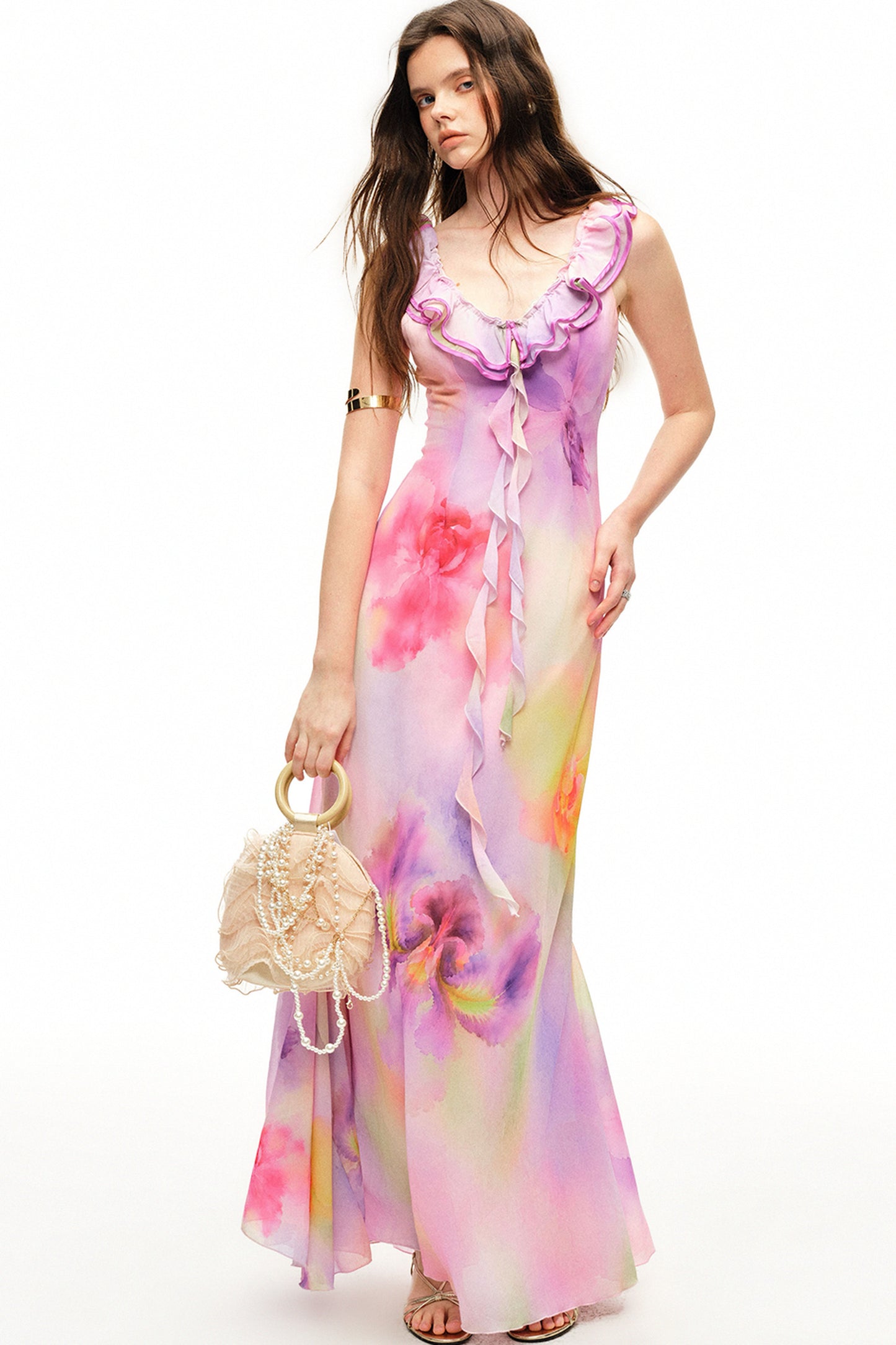 Maxikleid mit V-Ausschnitt, Rüschen und Blumenmuster