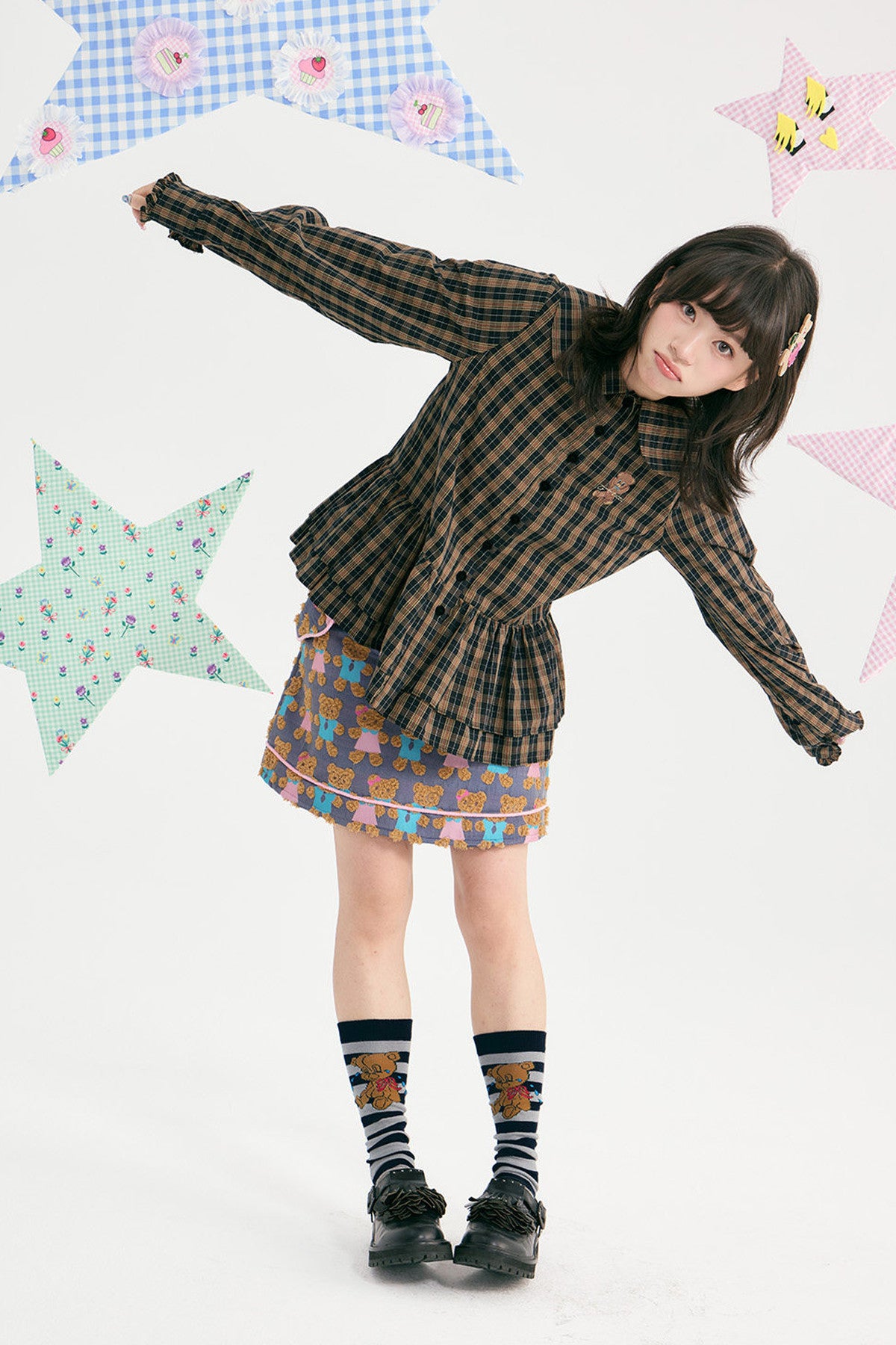 Brown Plaid Doll Collar Cotton Shirt