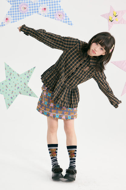 Brown Plaid Doll Collar Cotton Shirt