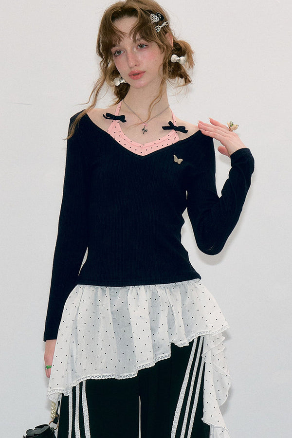 Butterfly Polka Dot Knit Long Sleeve Top