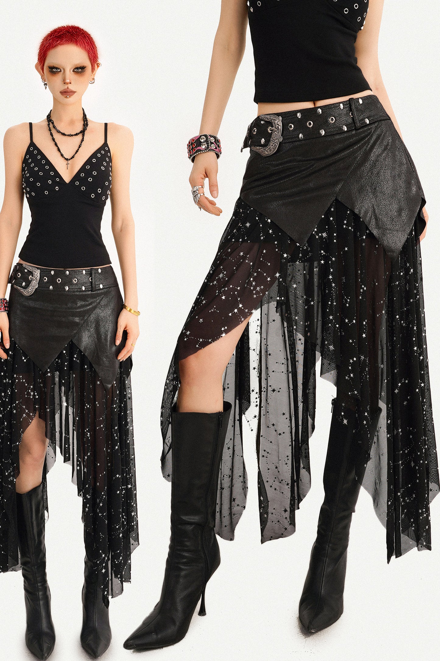 Gothic Mesh Asymmetrical Maxi Skirt Set-Up