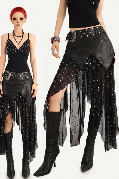 Gothic Mesh Asymmetrical Maxi Skirt Set-Up