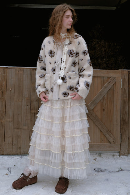 Gesteppte Fleecejacke mit Blumen und Schleife