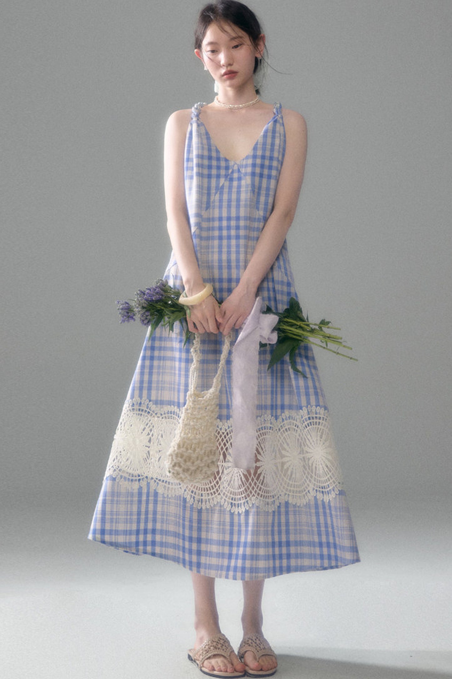 Blue White Plaid Lace Slip Dress