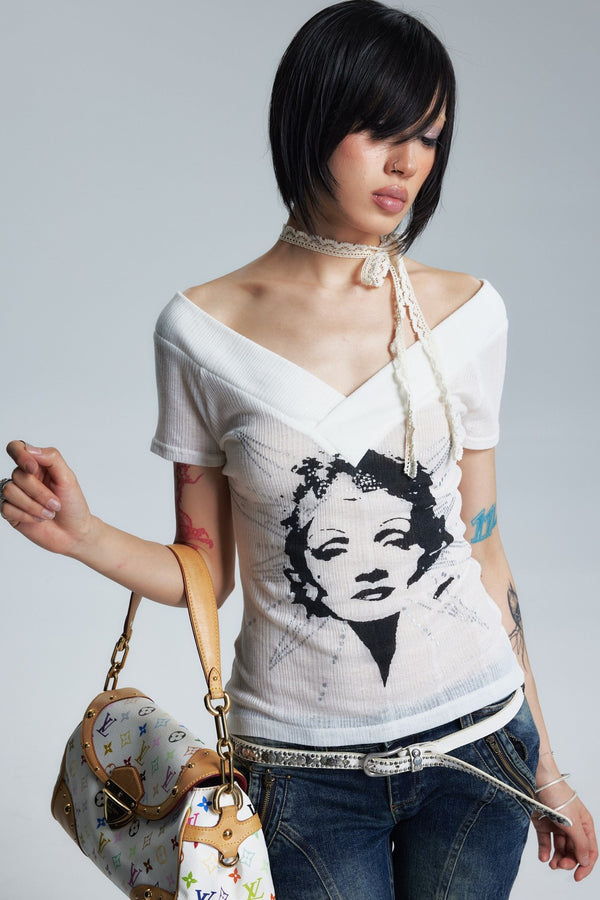 Sheer Two-Color V-Neck Off-Shoulder T-Shirt