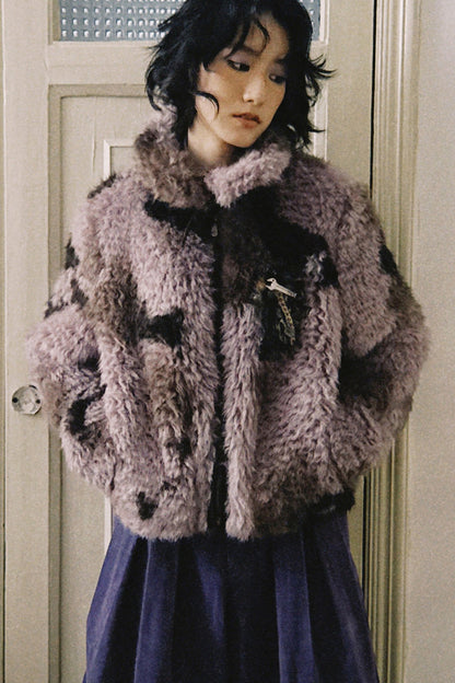 Giacca in peluche maculata marrone violaceo