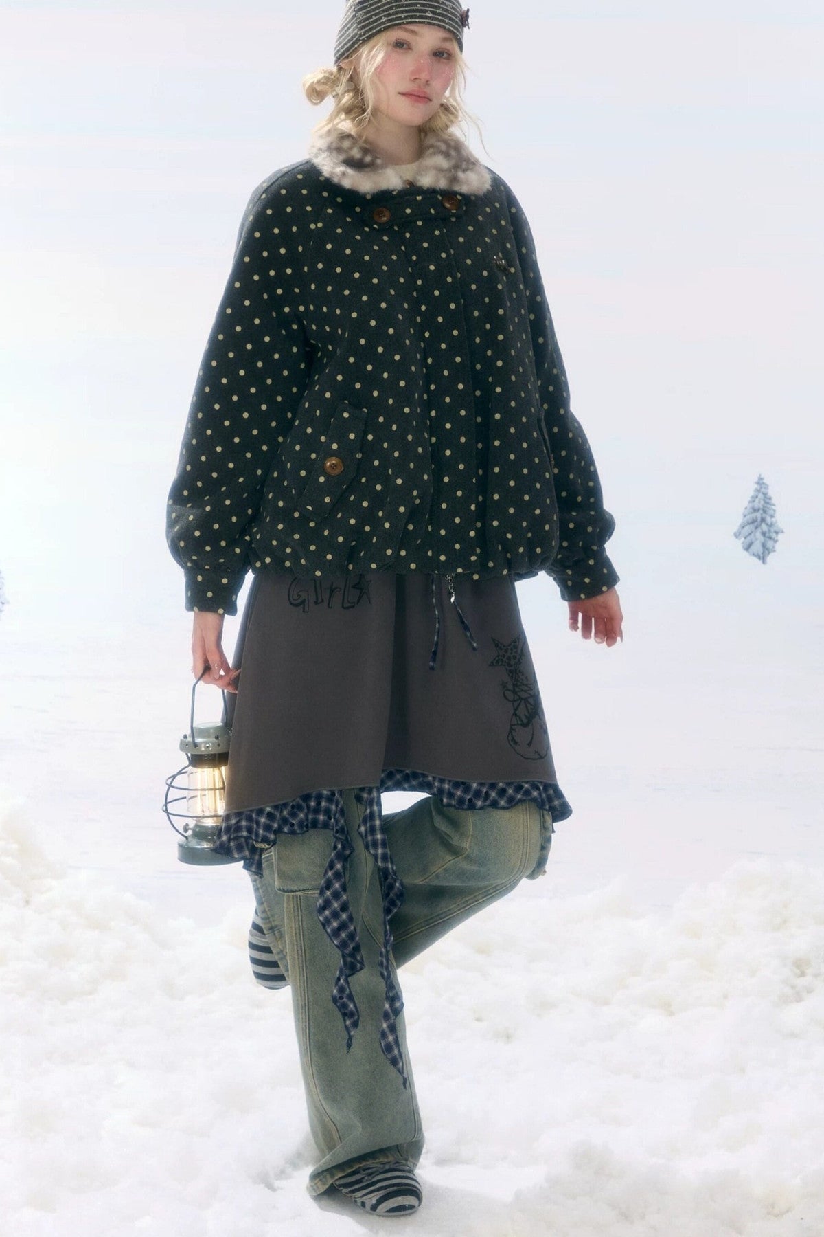 Short Polka Dot Plush Collar Cotton Jacket