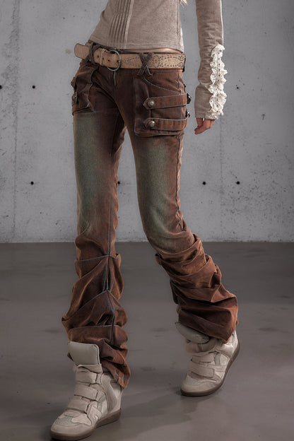 Punk Flocked Ruched Low-Waist Curved Leg Jeans