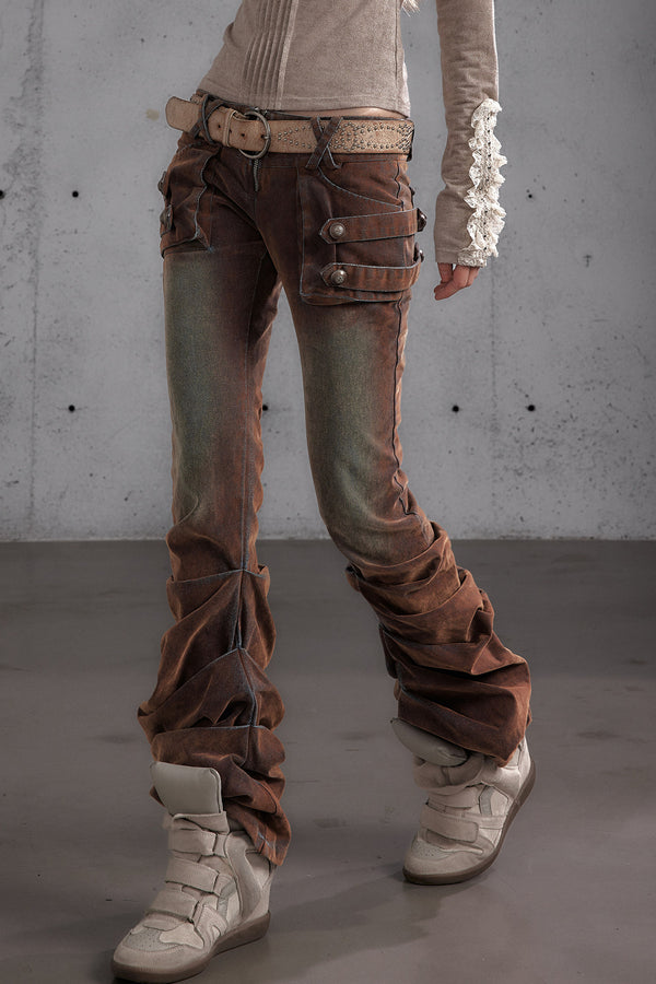 Punk Flocked Ruched Low-Waist Curved Leg Jeans