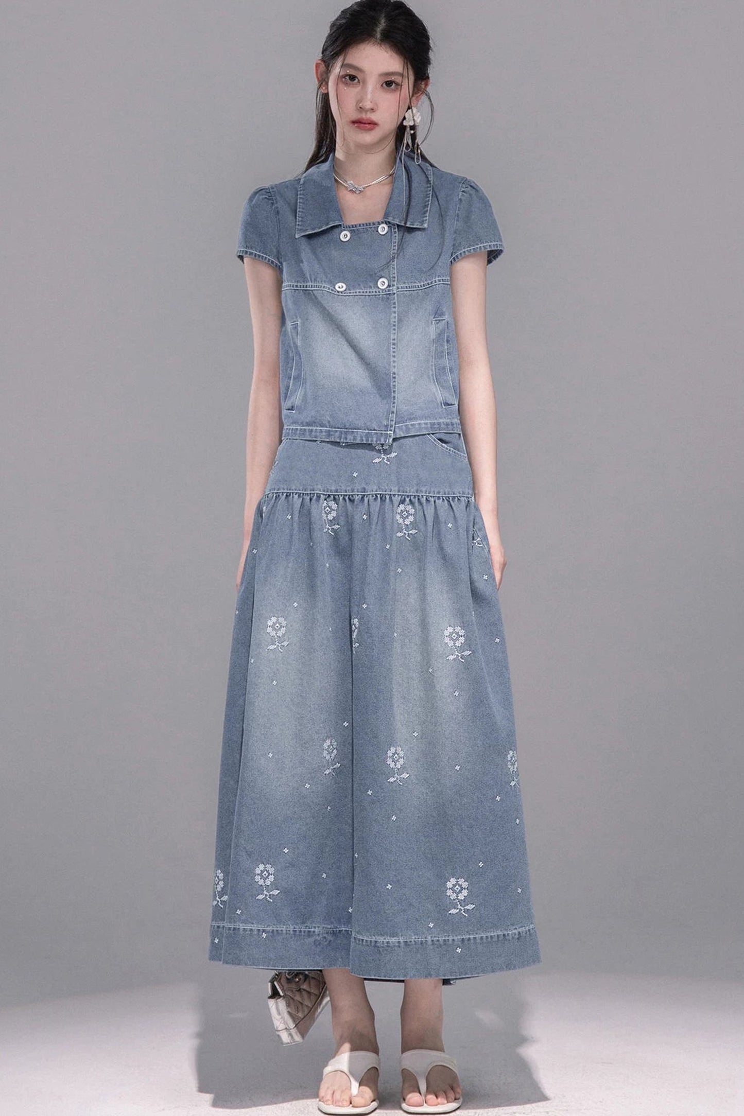 Gentle Denim Cropped Top and Skirt Set