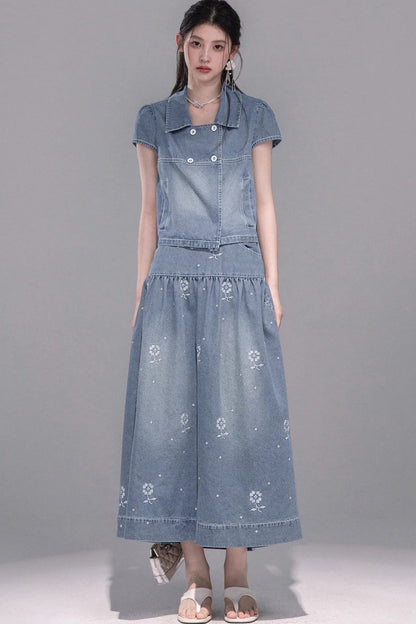 Gentle Denim Cropped Top and Skirt Set