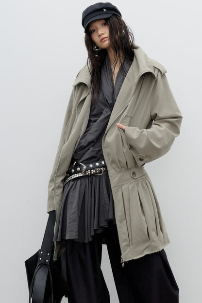 Sculptural Pleated Balloon Waist Khaki Windbreaker