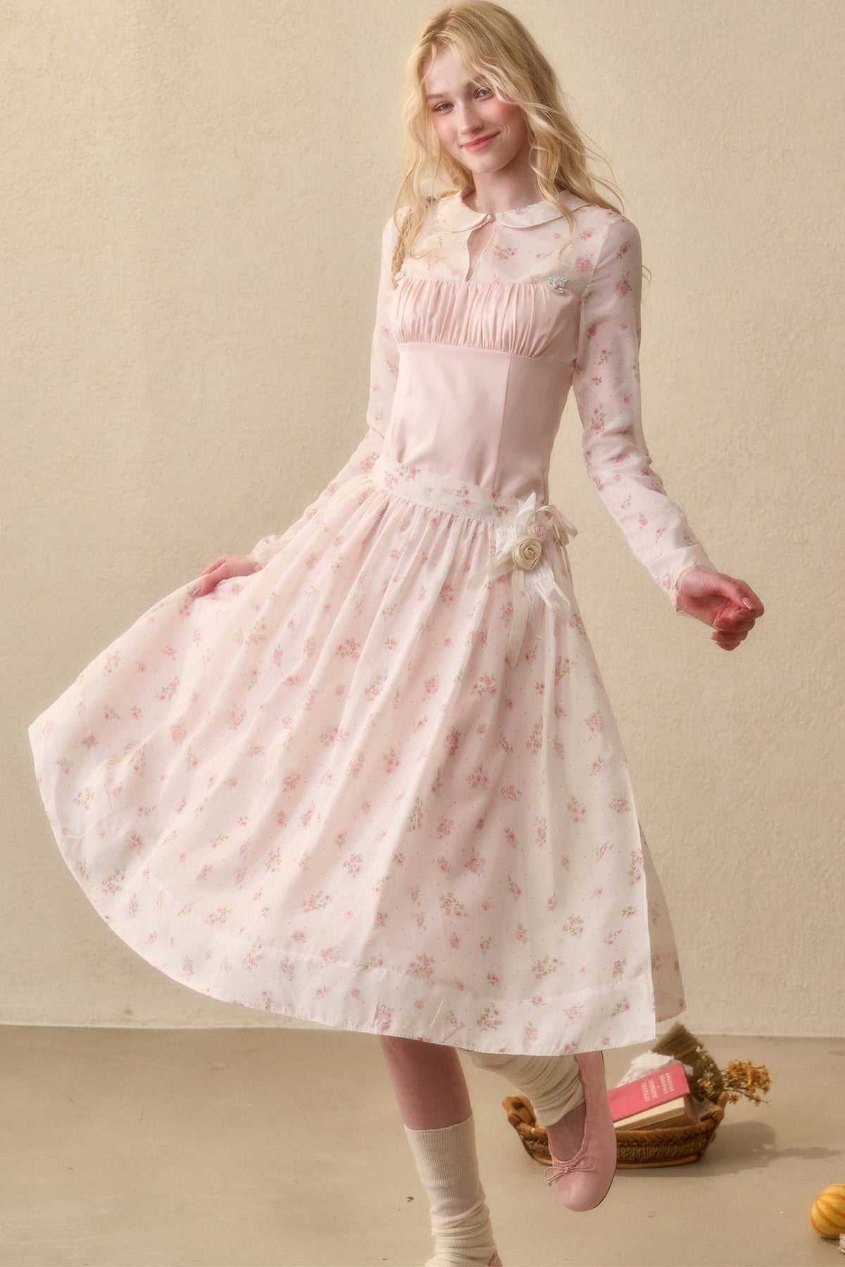 Peach Floral Satin Tencel Dress Set-Up