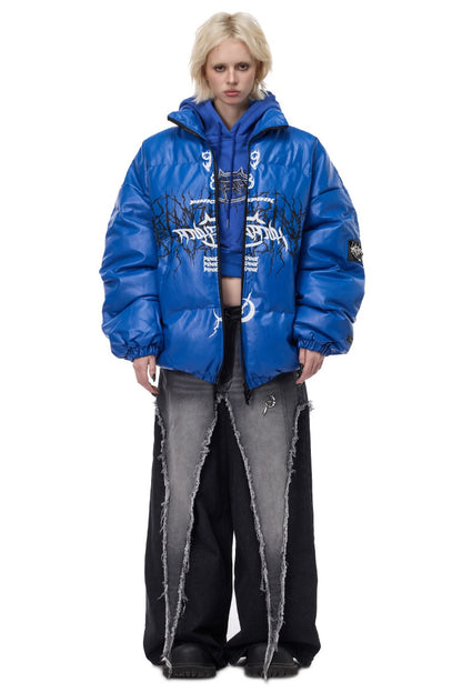 Logo PU Leather Motorcycle Puffer Jacket