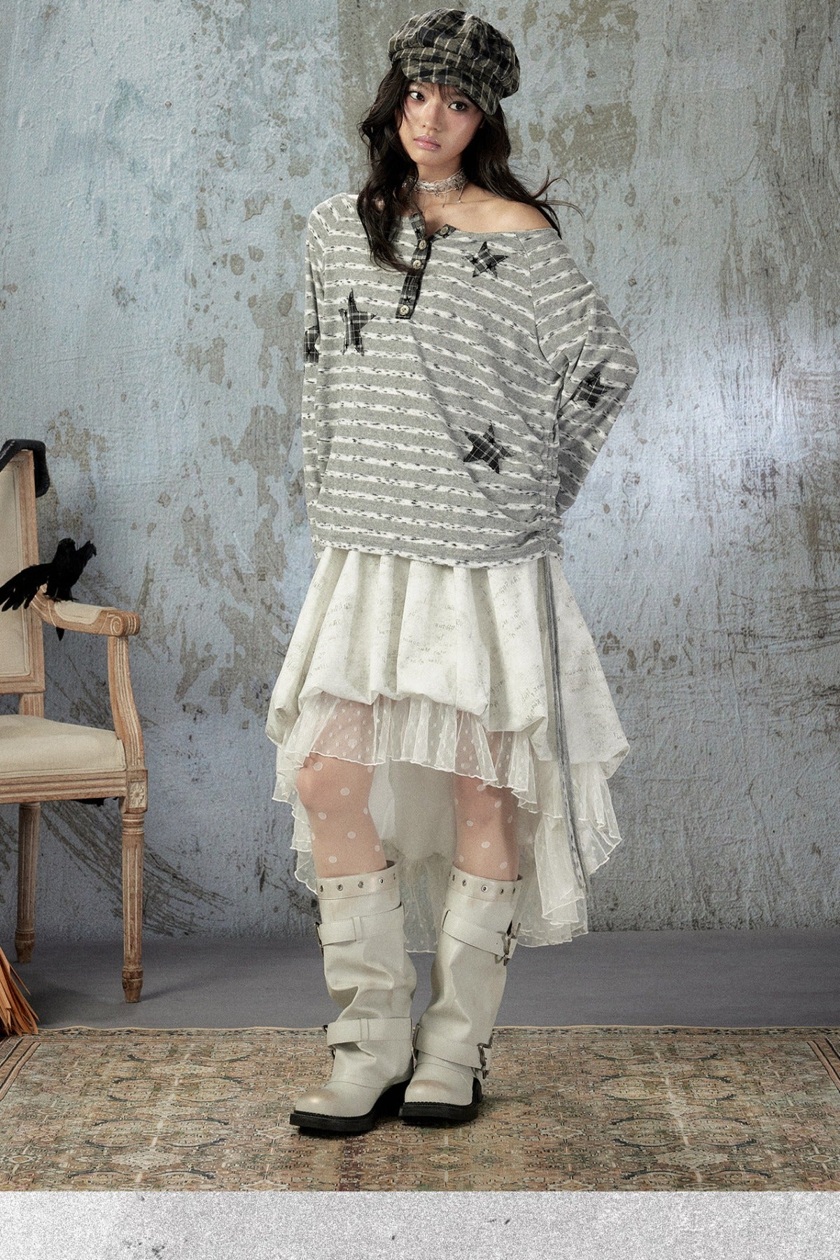 Striped Off-Shoulder Long-Sleeve T-Shirt