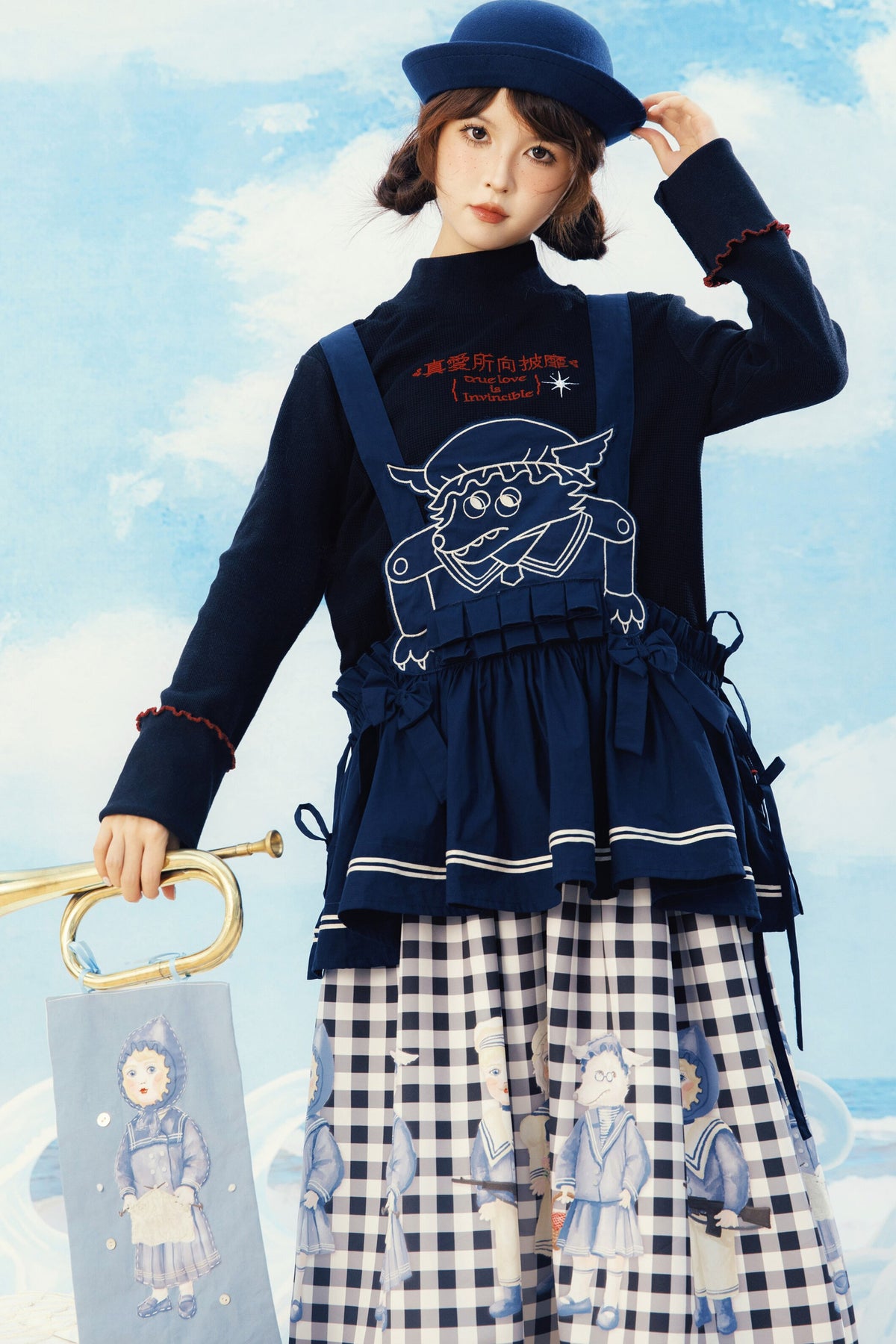 Layered-Look Wolf Embroidery Plaid Apron Dress