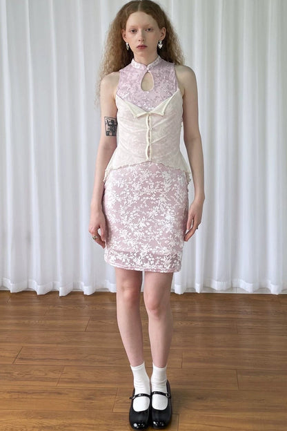 Abito Cheongsam rosa vintage in pizzo