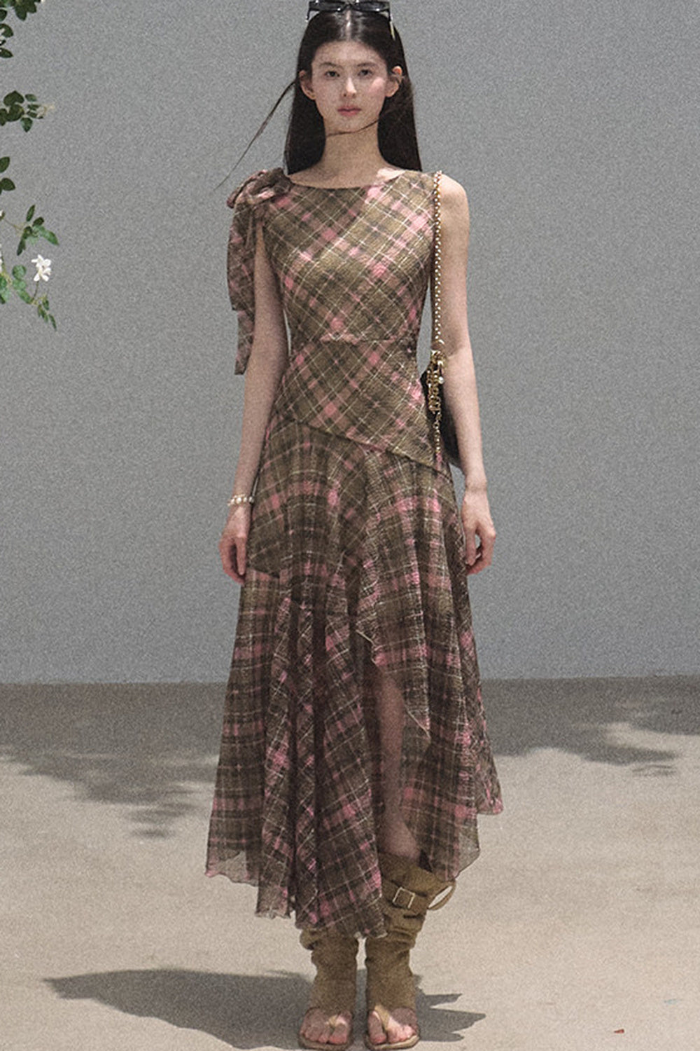 Off-Shoulder Plaid Irregular Tank Dress