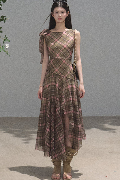 Off-Shoulder Plaid Irregular Tank Dress