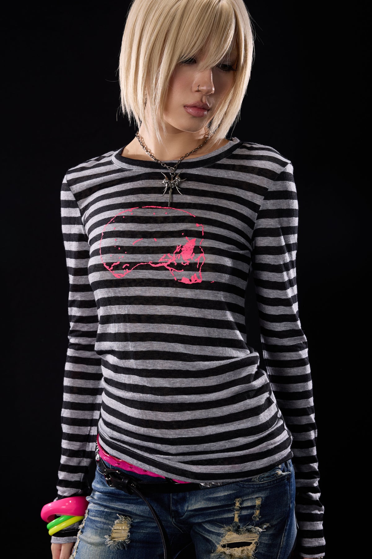 Skull Print Striped Long-Sleeve T-Shirt