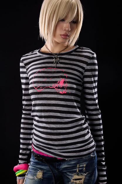 Skull Print Striped Long-Sleeve T-Shirt