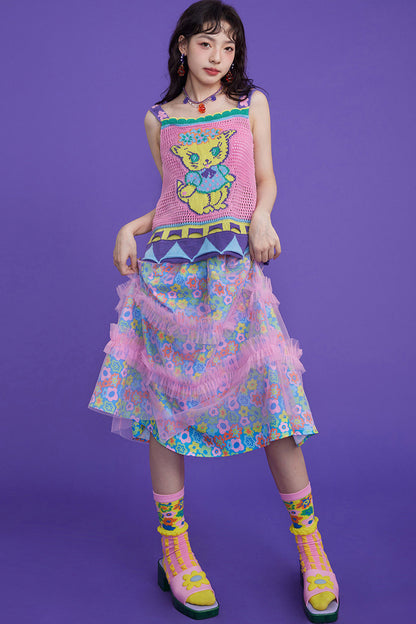 Gilet en maille ajourée à motif chaton rose