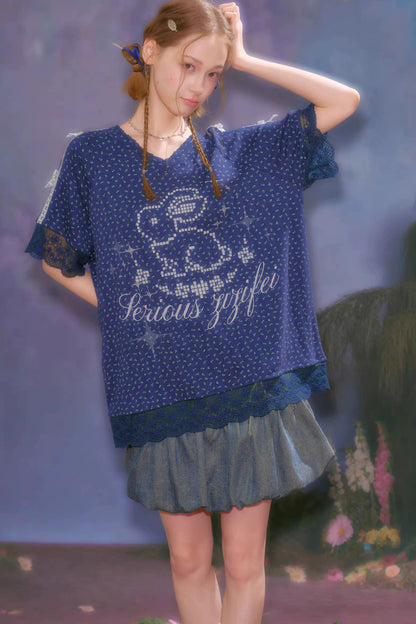 Dark Blue Floral Lace V-Neck T-Shirt