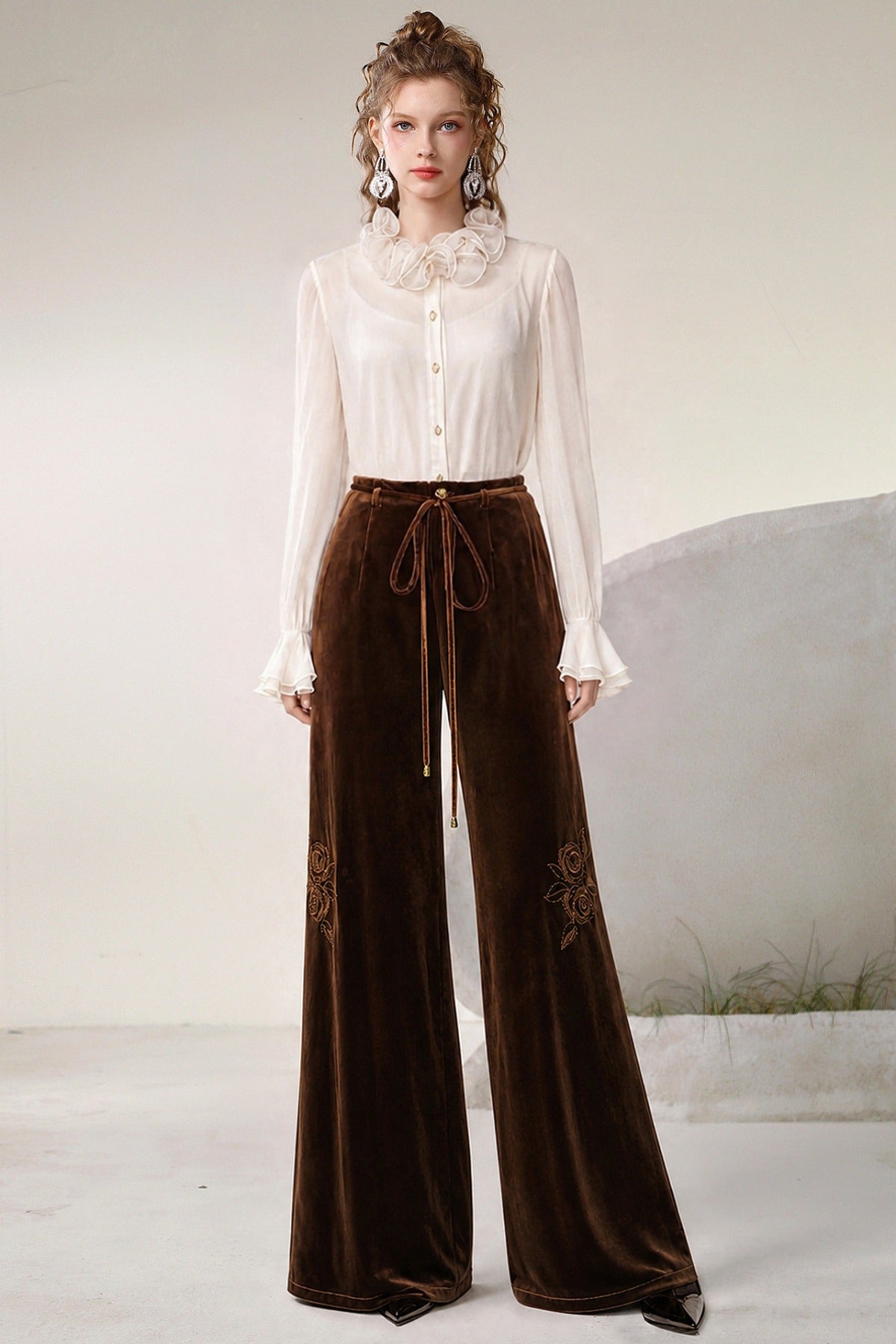 Beige Ruffle Collar Shirt