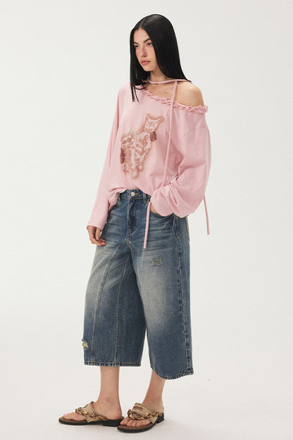 Cat Print Ruffle Off Shoulder Top