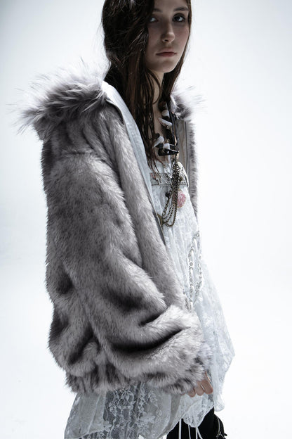 Reversible Hooded Faux Fur Coat