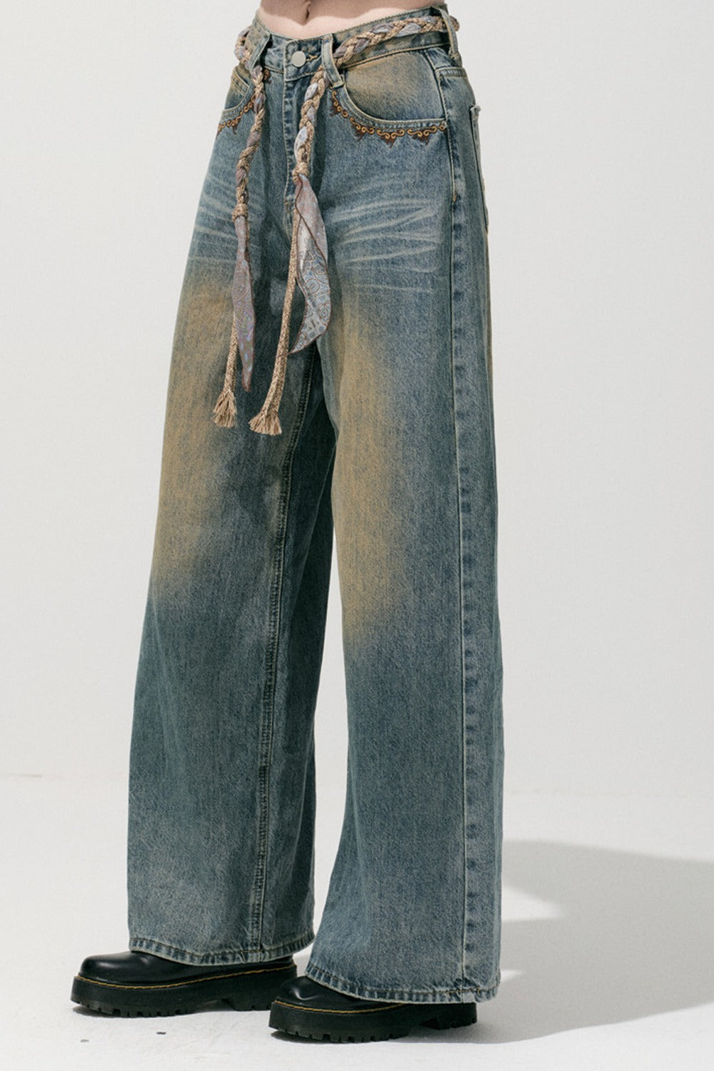 Loose Wide Leg Woven Belt Jeans