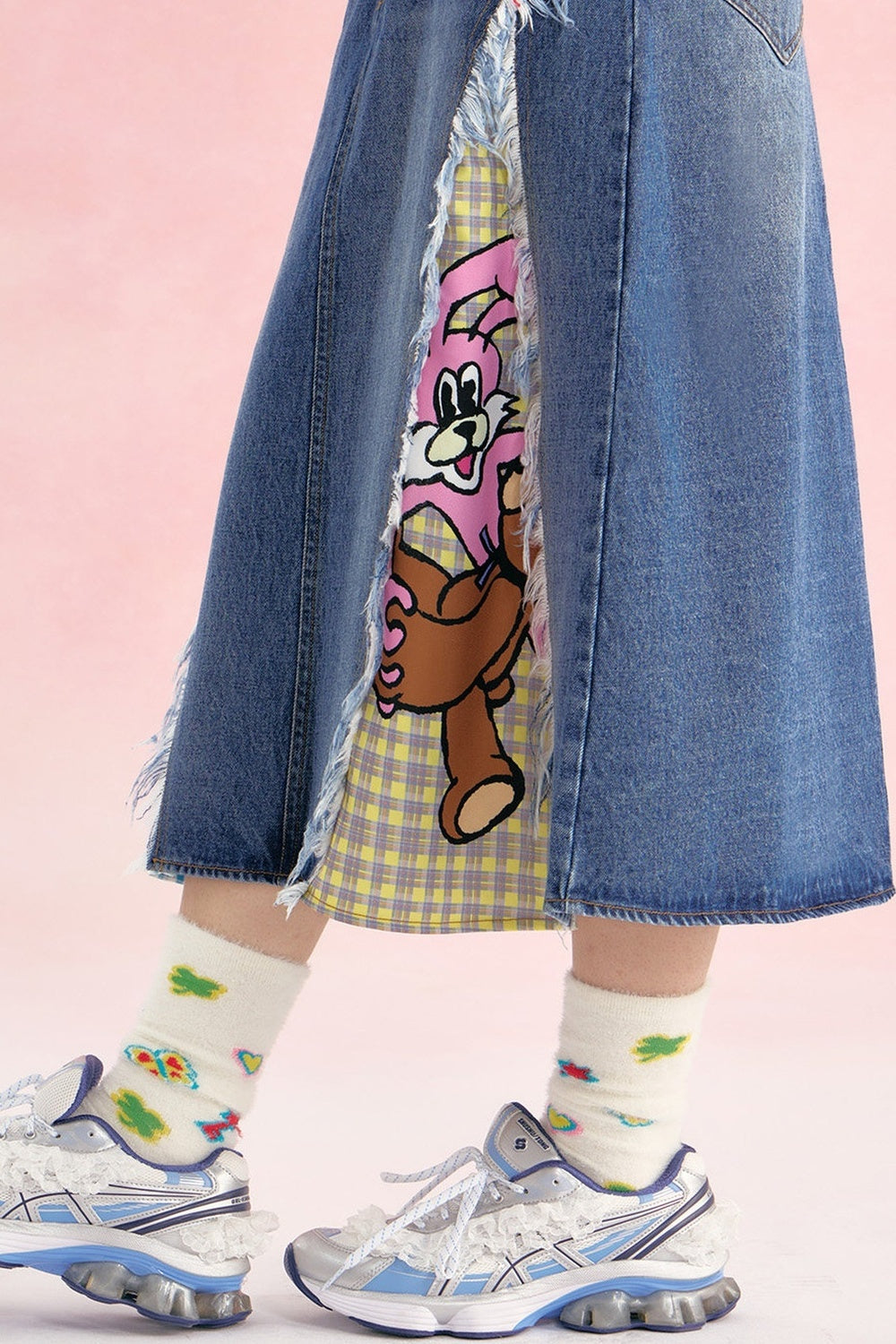 Patchwork Denim Plaid Heart Fringe Skirt