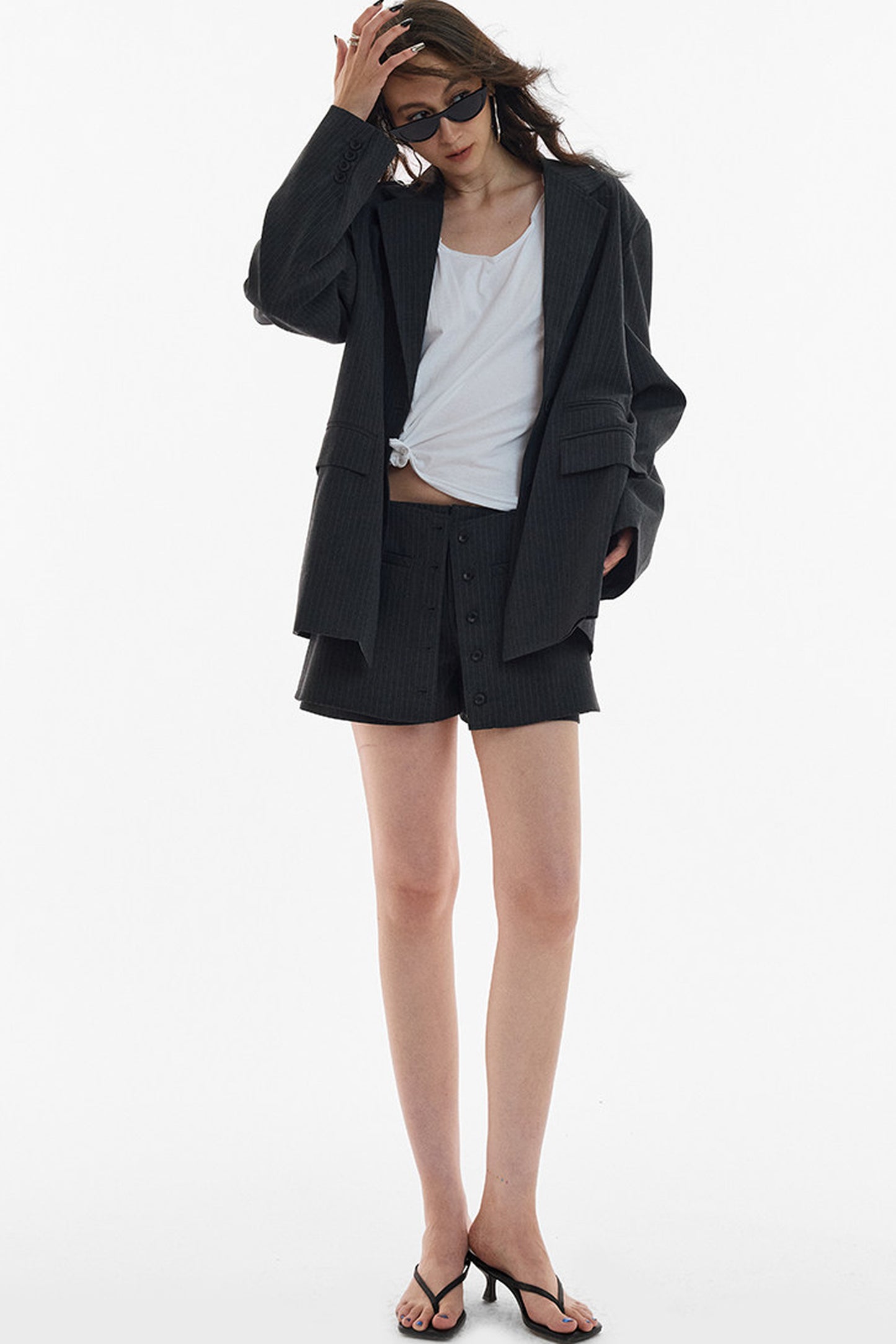 Gray White Striped Button Front Skirt