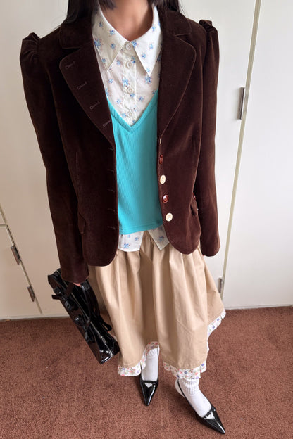 Brown Notch Lapel Puff Sleeve Blazer