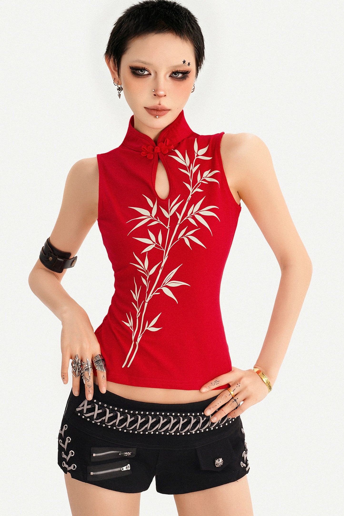Red Bamboo Print Sleeveless Stand Collar Top