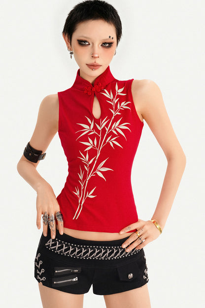 Red Bamboo Print Sleeveless Stand Collar Top