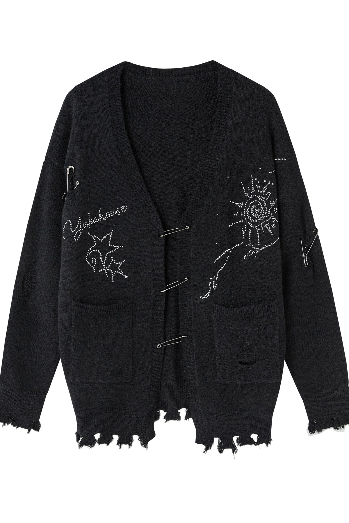 Irregular Ripped Pin V-Neck Knitted Cardigan