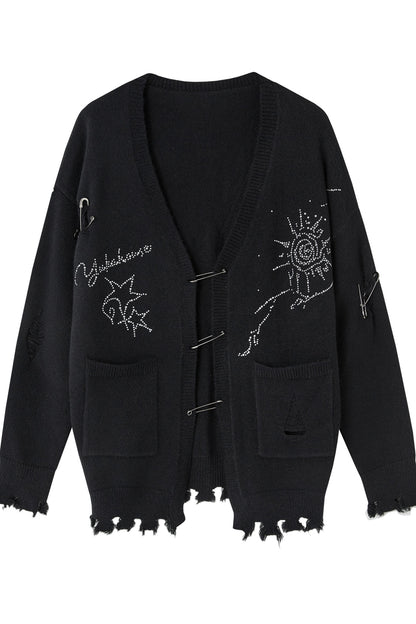 Irregular Ripped Pin V-Neck Knitted Cardigan