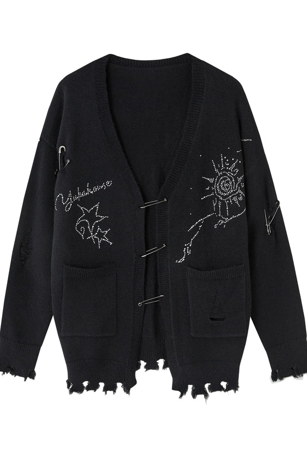 Irregular Ripped Pin V-Neck Knitted Cardigan