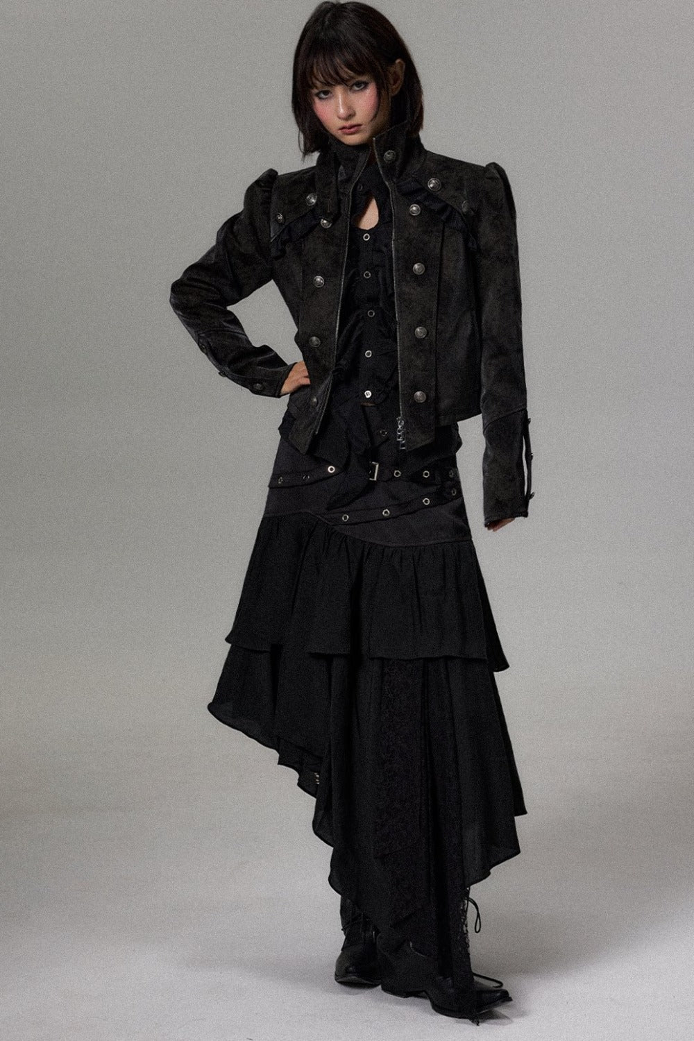 Double-Breasted Puff Sleeve Suede Jacket
