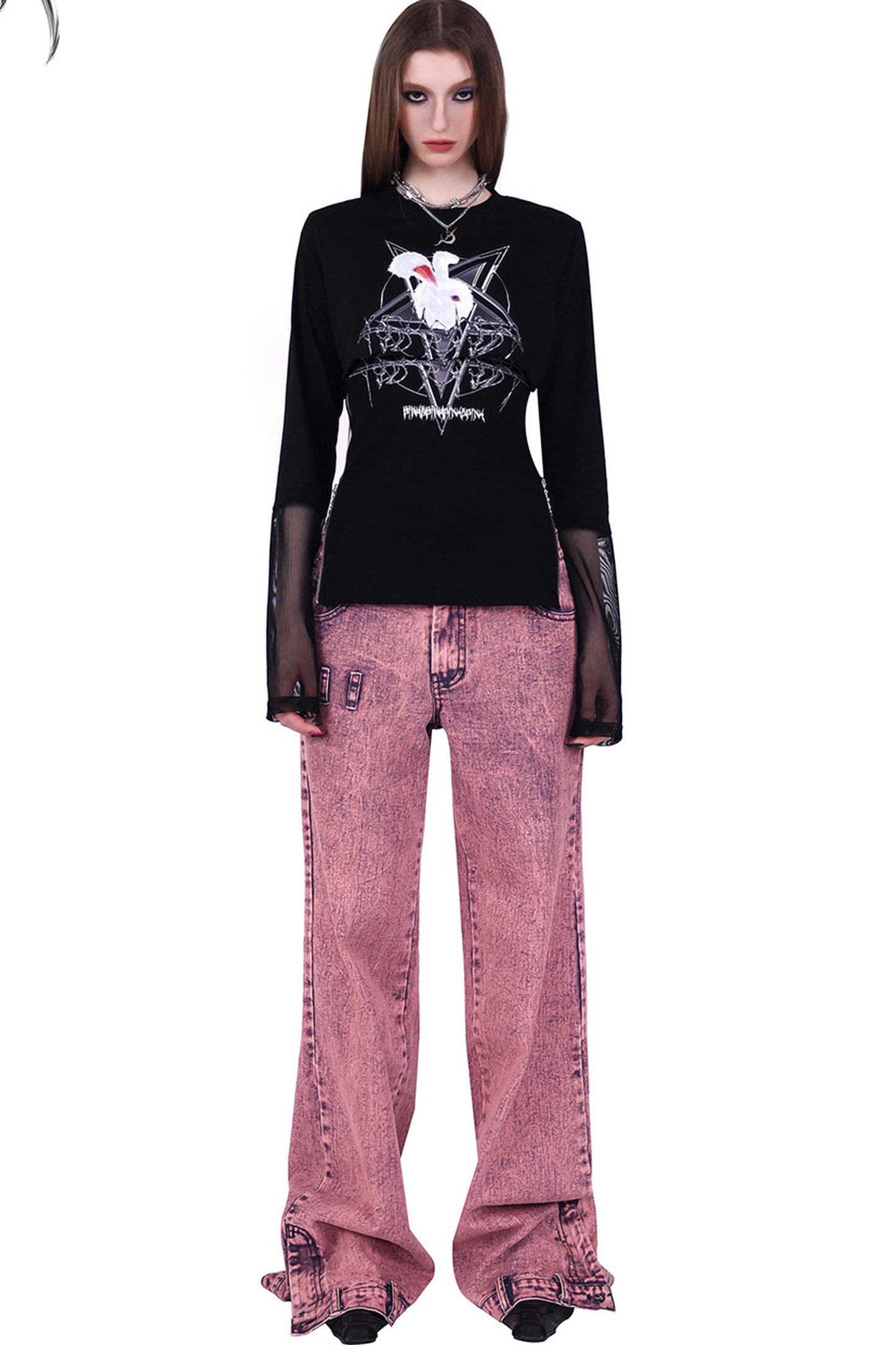 Printed Rabbit Mesh Blouse Set